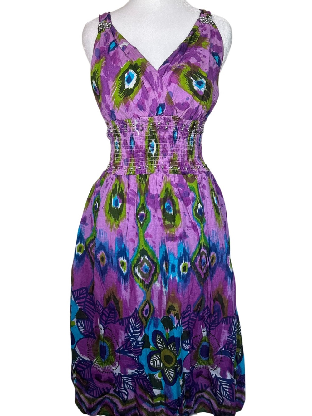 Cassee’s Peacock Midi Dress with Rhinestones